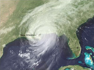 Satellite image of Hurricane Katrina off the Gulf coast.