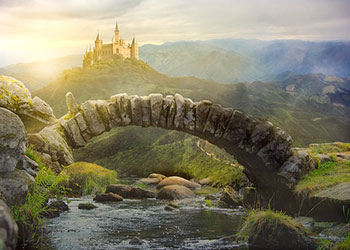 A graphic of a curved, stone bridge with a stream running below it; a castle is in the background.