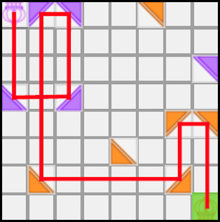 Grid of tiles with lavender player pieces and tangerine player pieces.