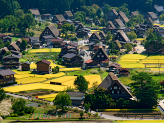 Clusters of steep-roofed houses in the countryside of fields