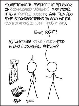 An xkcd comic showing a physicist condescendingly "solving" a complicated problem of another scientist.