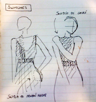 Drawing showing the switch control locations of the dress: hand to left hip “switch to reveal more;” hand to right shoulder, “switch to cover.”