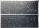 Ion-nuclear interaction related equations and graphs on two blackboards.